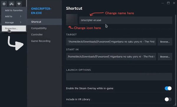 How to open Properties, and where to change the name/icon in the Properties tab